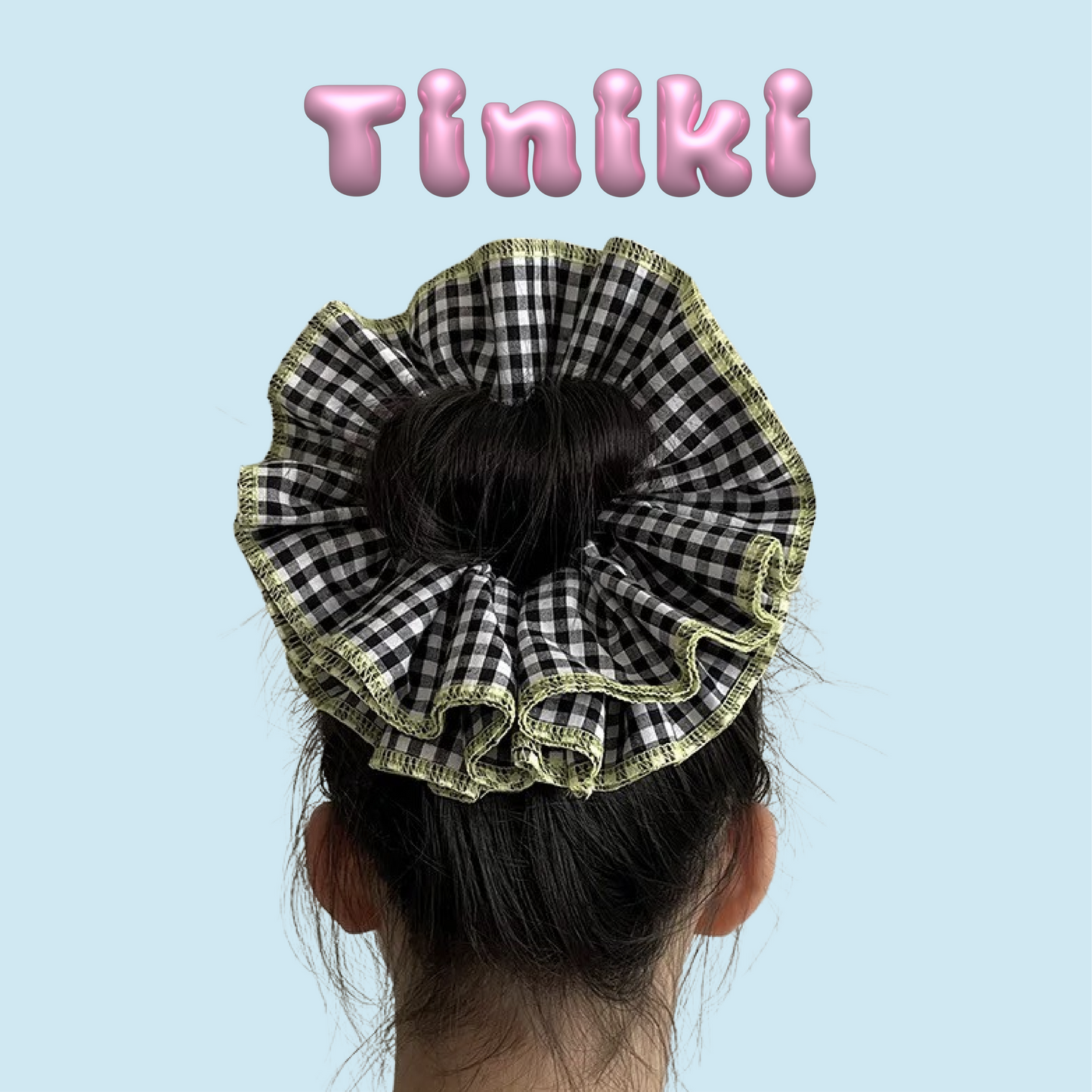 Vintage Gingham Scrunchie – 4 Layers Black W/ Green