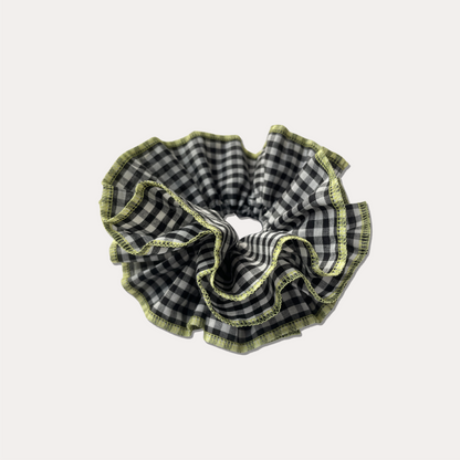 Vintage Gingham Scrunchie – 4 Layers Black W/ Green